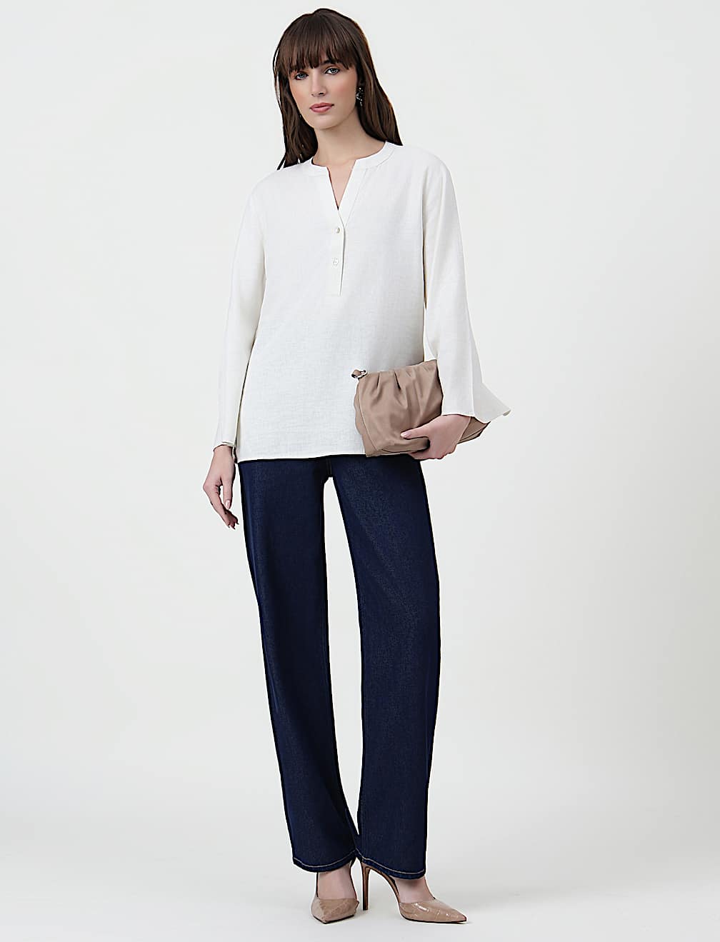 Linen Rich Plain Mandarin Collar Top