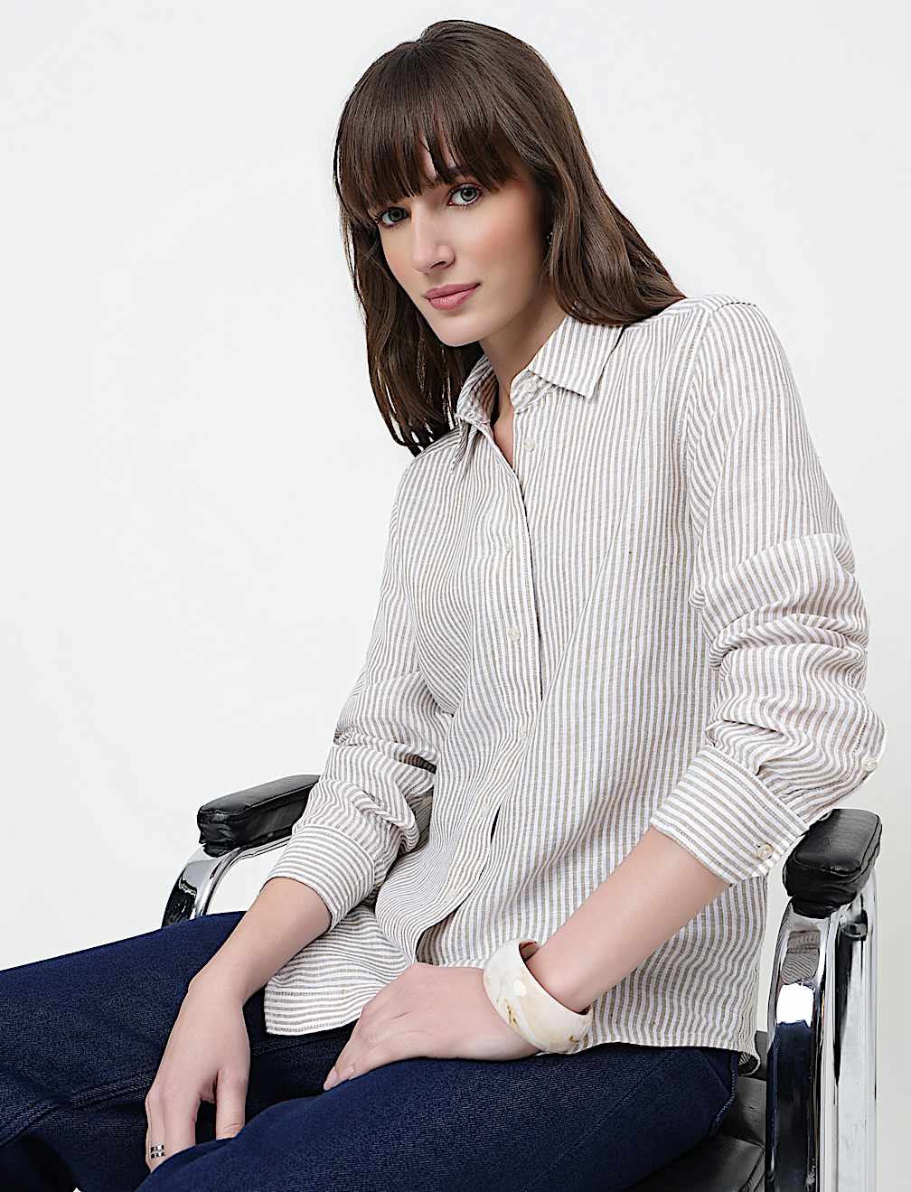 Pure Linen Striped Spread Collar Shirt