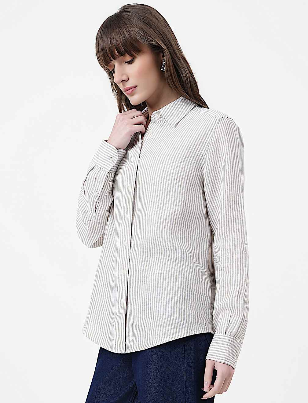 Pure Linen Striped Spread Collar Shirt