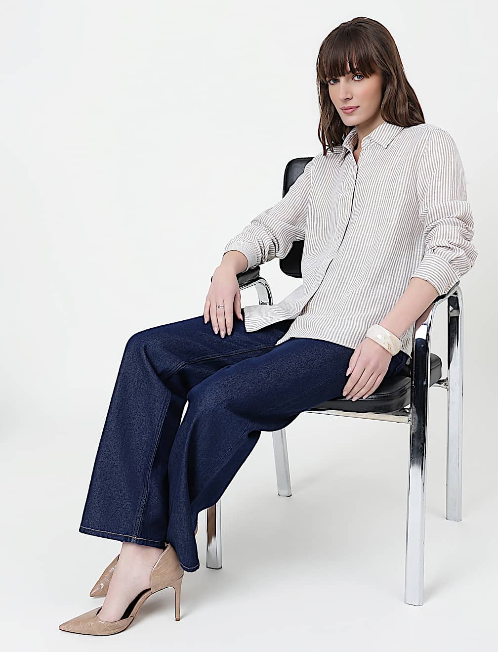 Pure Linen Striped Spread Collar Shirt