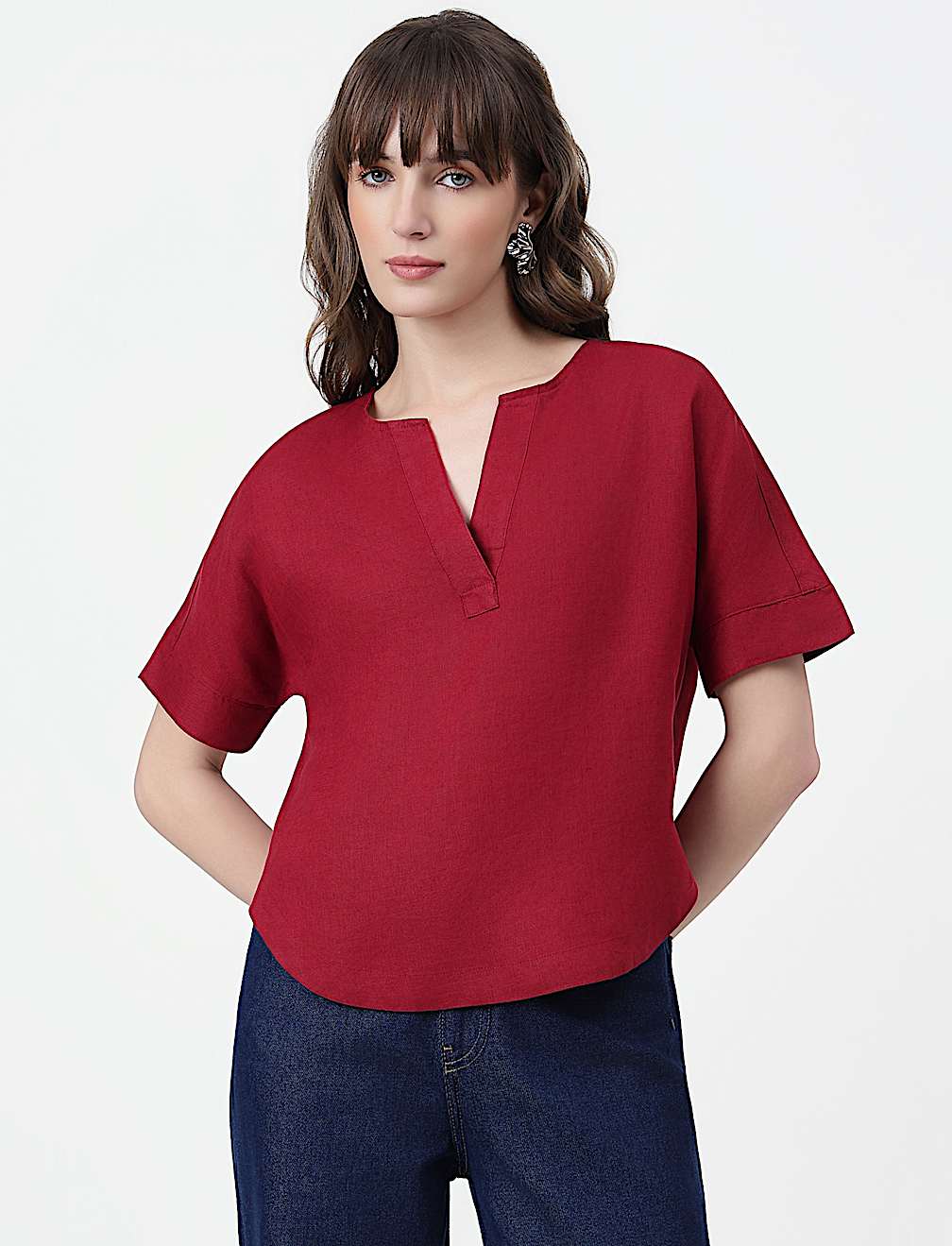 Pure Linen Plain V-Neck Top