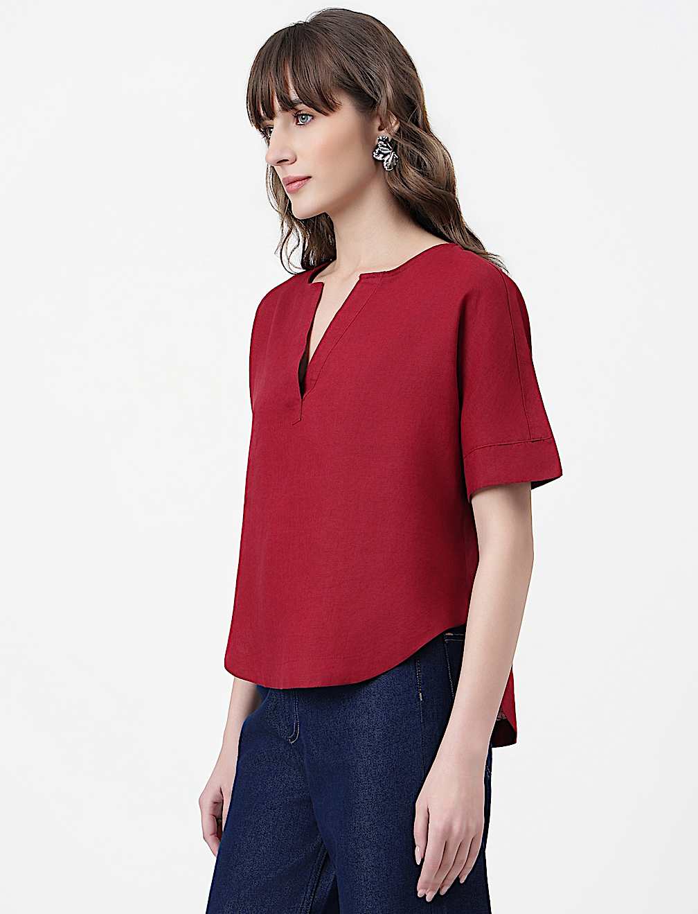 Pure Linen Plain V-Neck Top