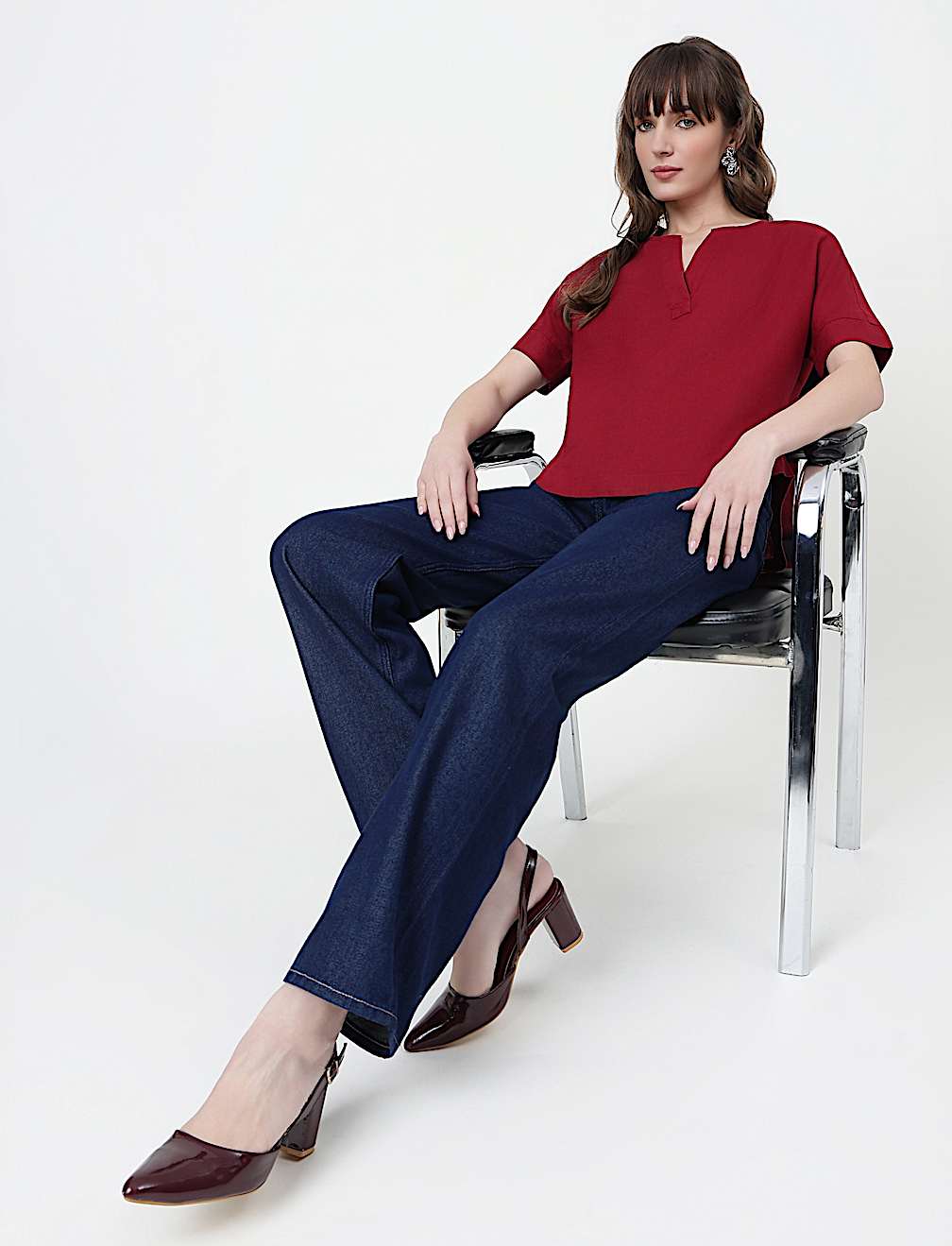 Pure Linen Plain V-Neck Top