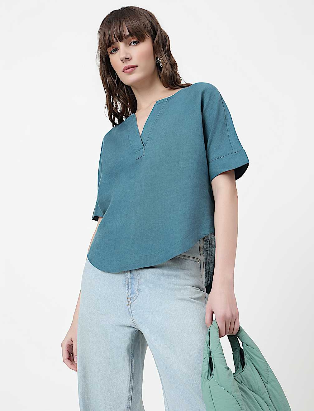 Pure Linen Plain V-Neck Top