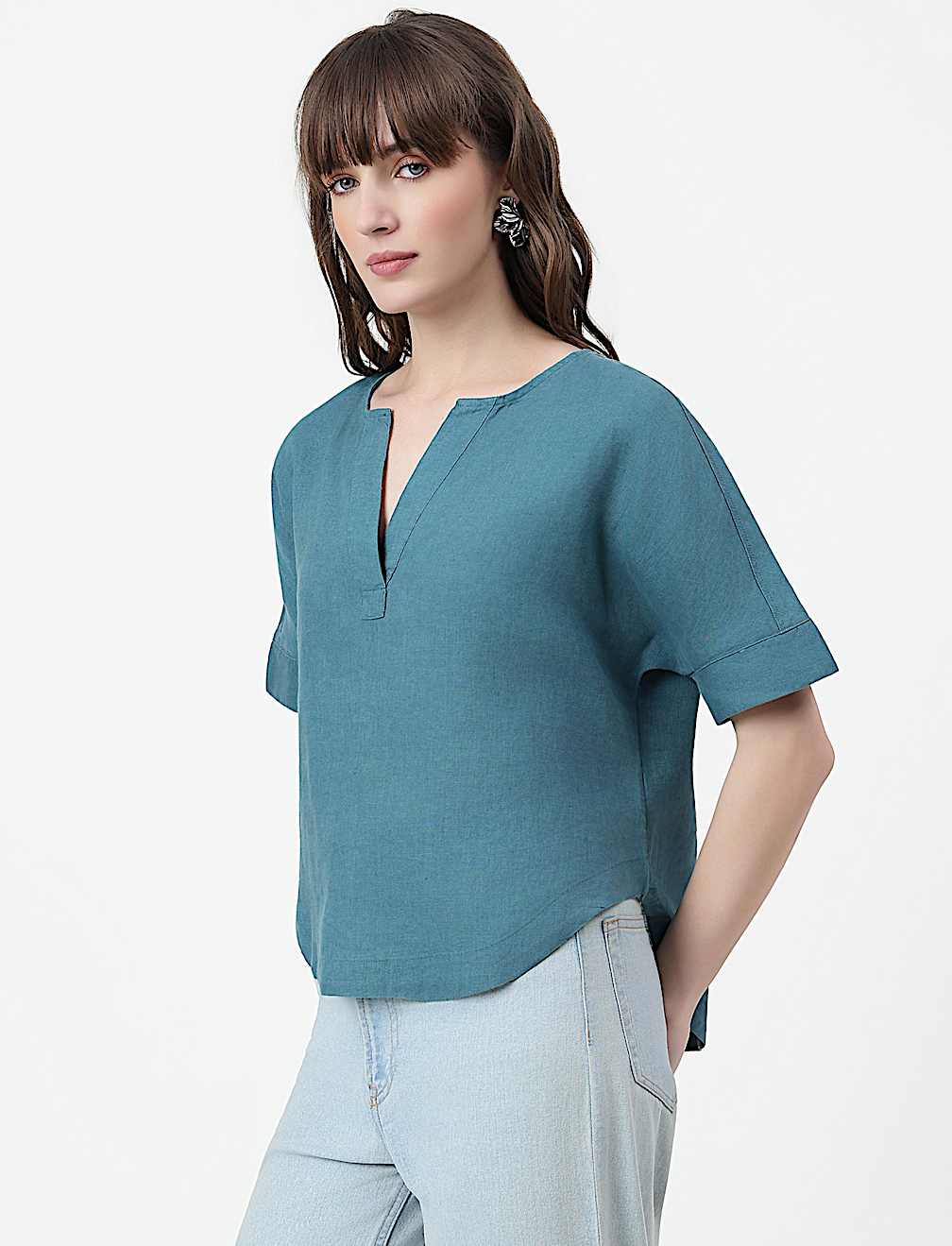 Pure Linen Plain V-Neck Top