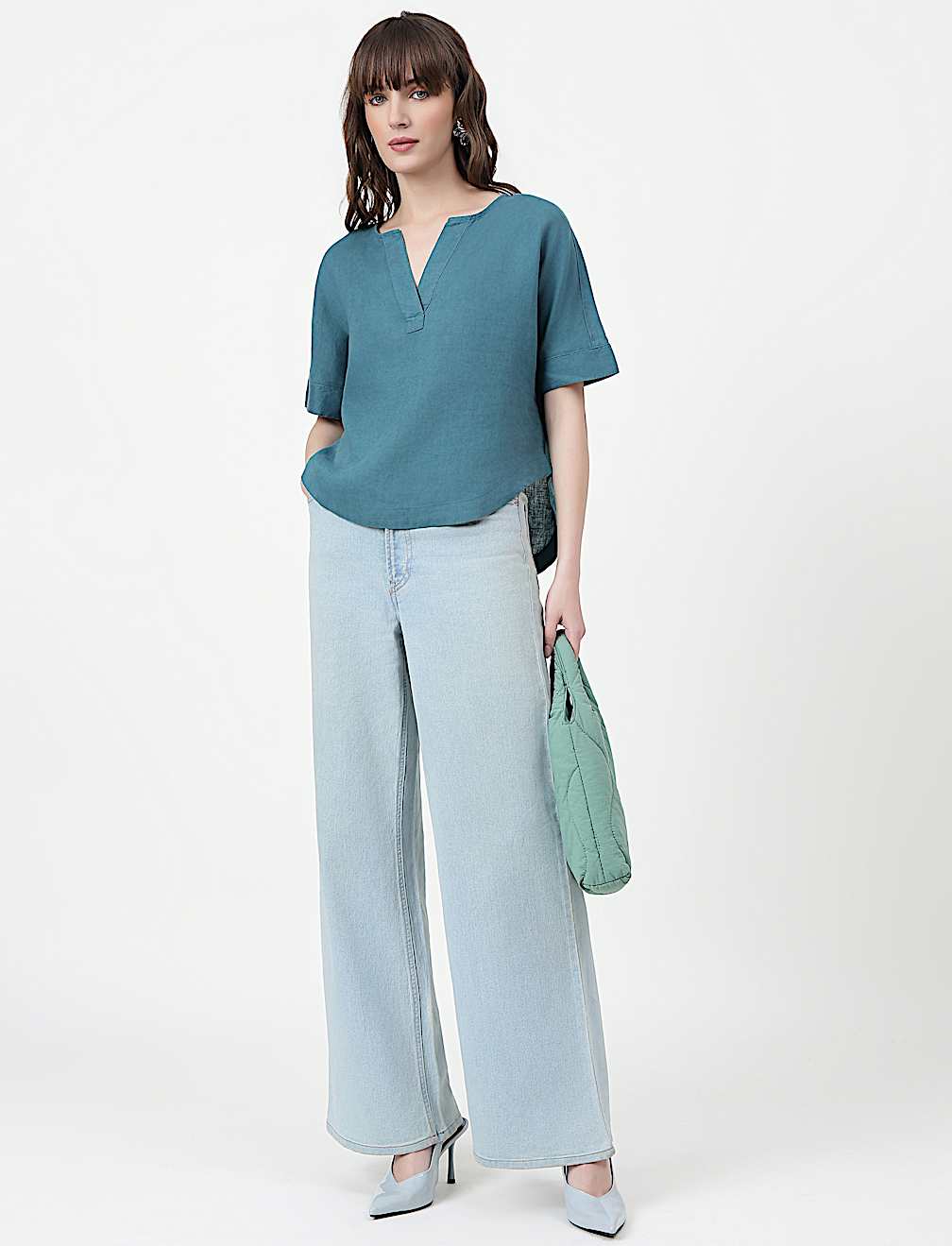 Pure Linen Plain V-Neck Top