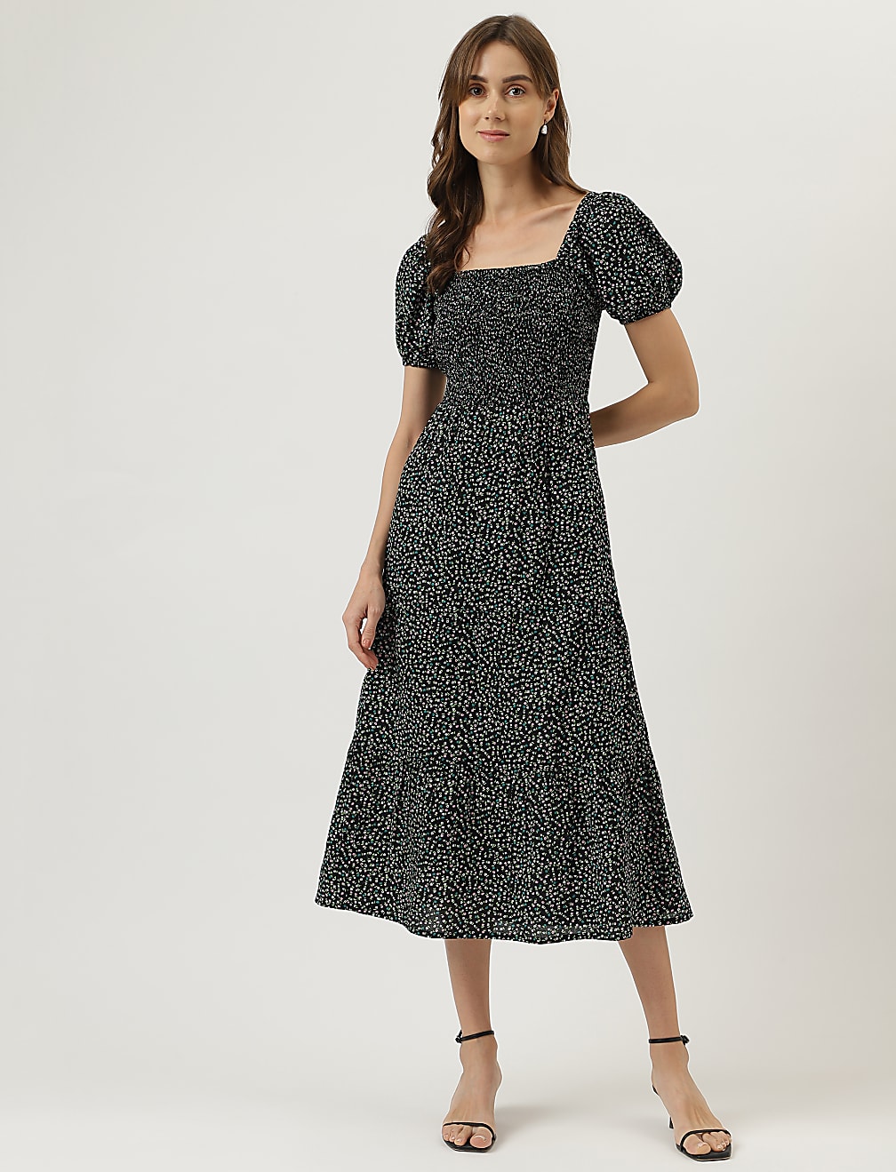 Printed Midi Square Neck Dress