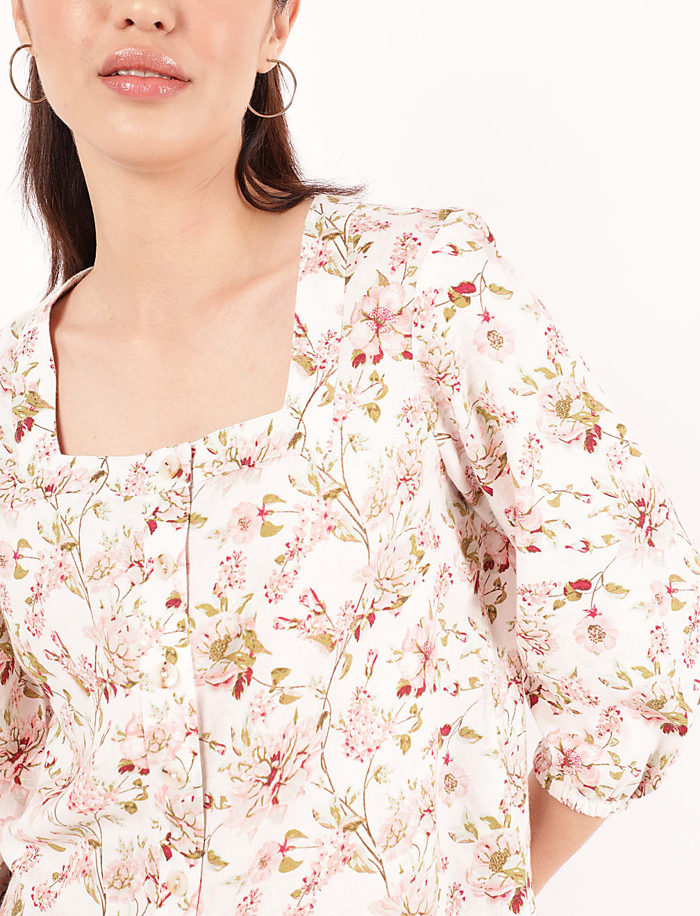 Linen Mix Printed Square Neck Shirt