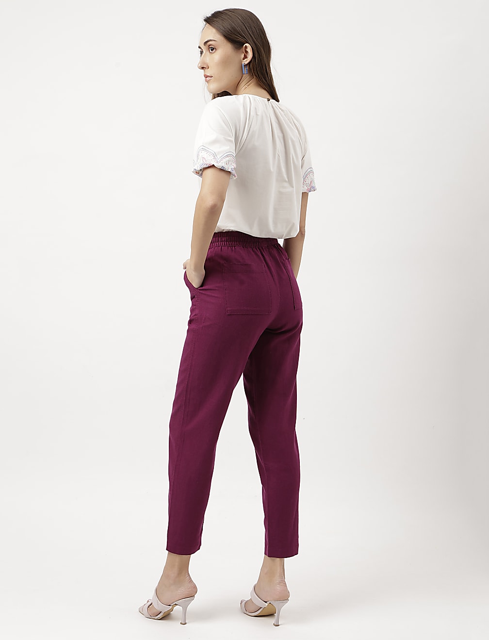 Linen Mix Plain Straight Leg Trousers