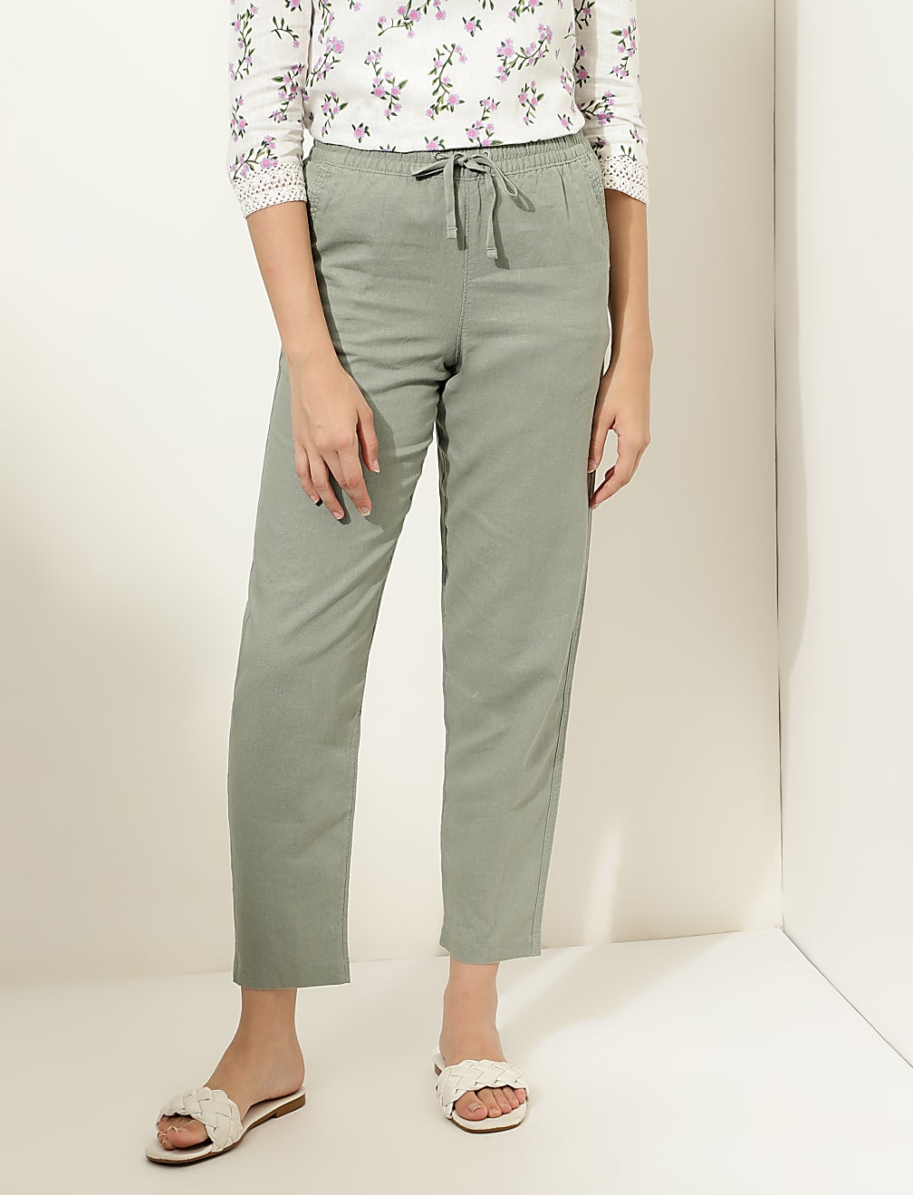 Linen Mix Plain Straight Leg Trousers