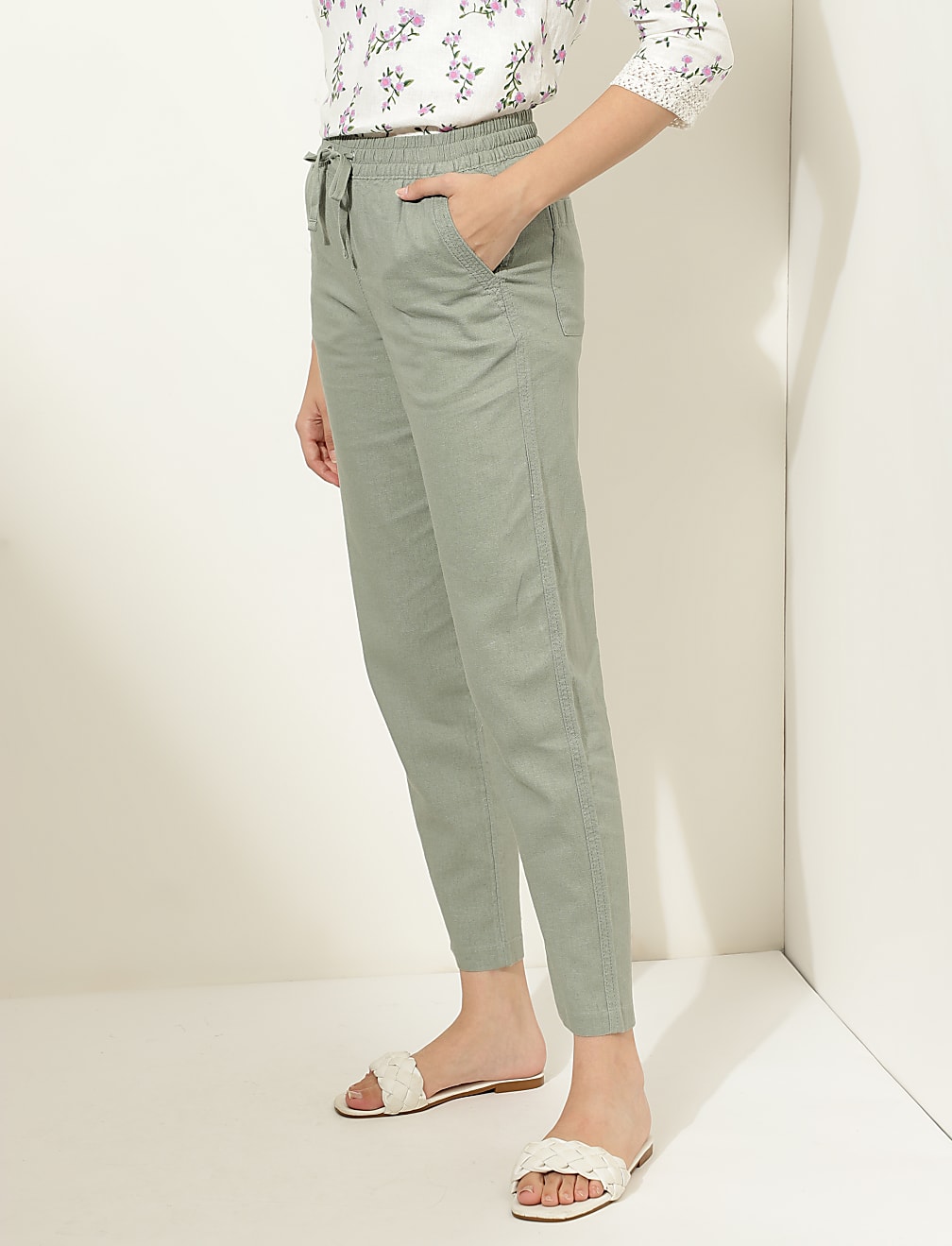 Linen Mix Plain Straight Leg Trousers