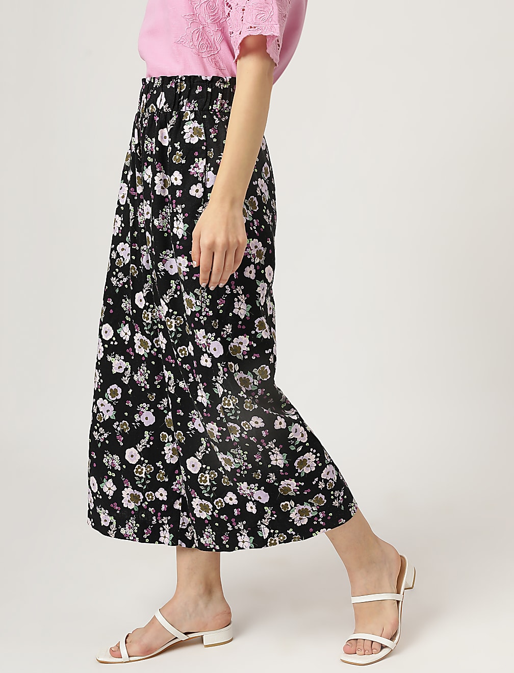 Linen Mix Floral Print Wide Leg Culottes