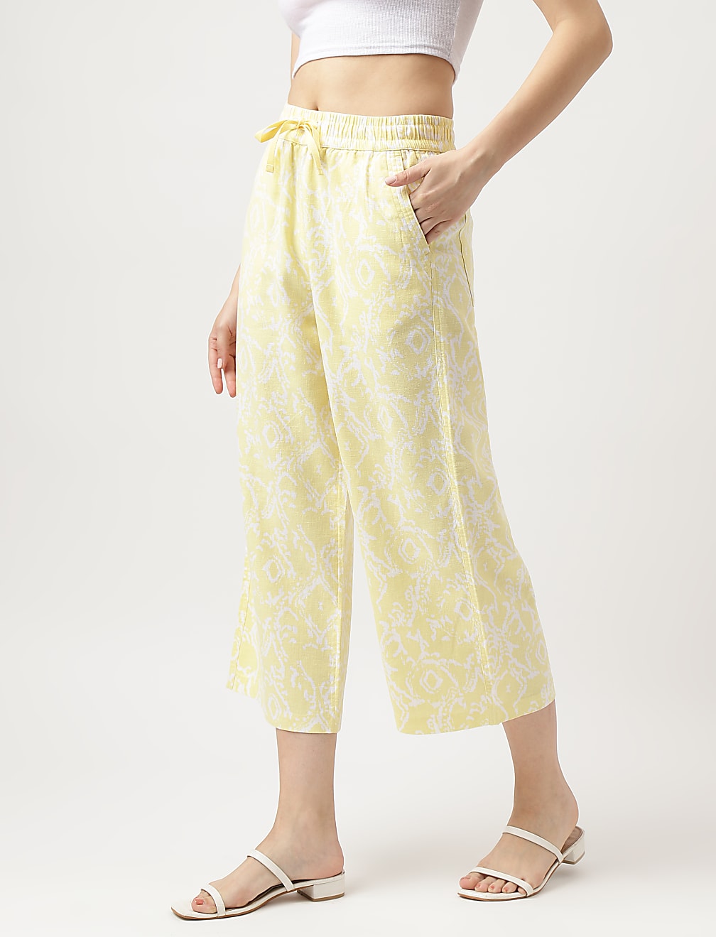 Linen Blend Printed Wide Cropped Pants