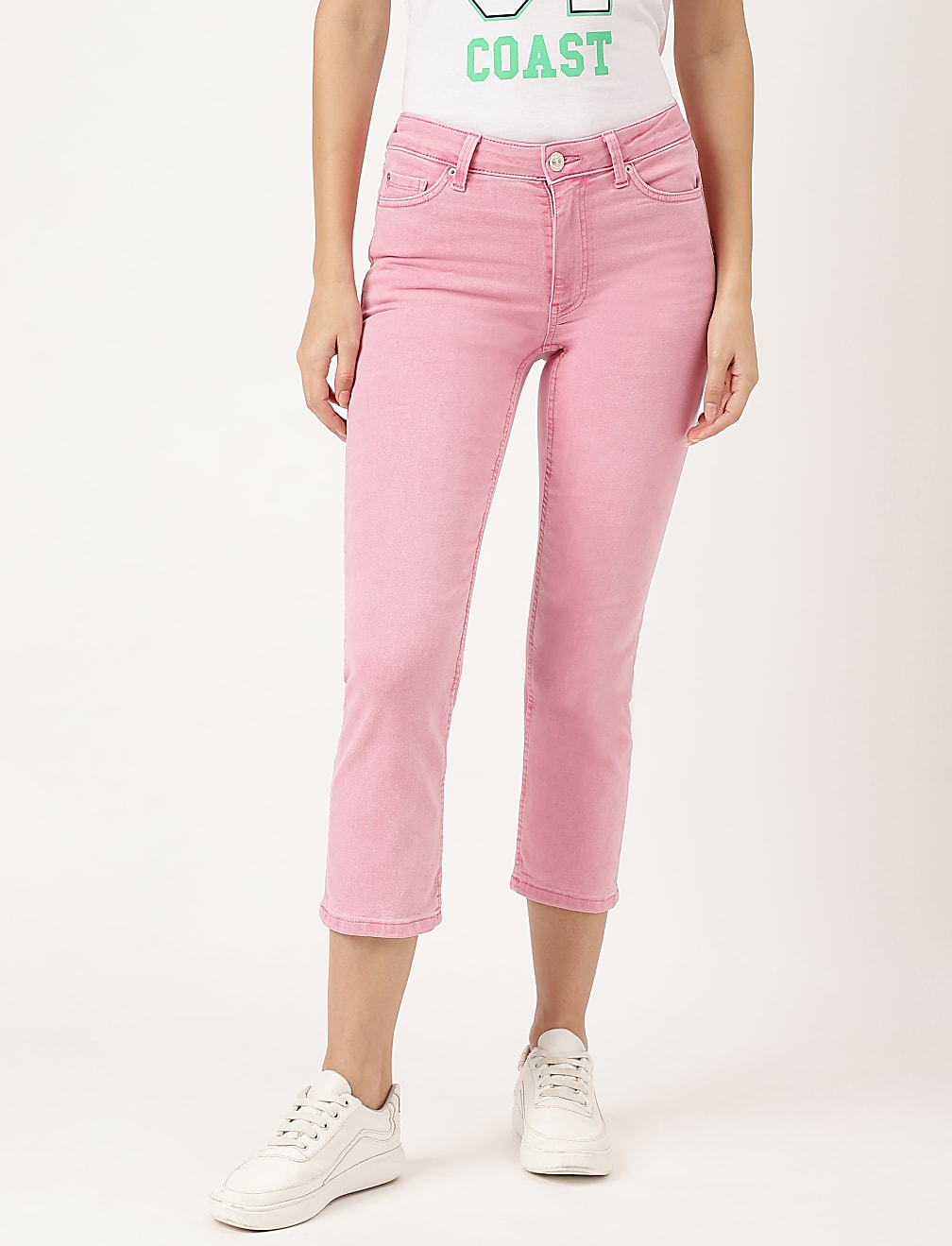 Cropped High Waist Button Front Jeans