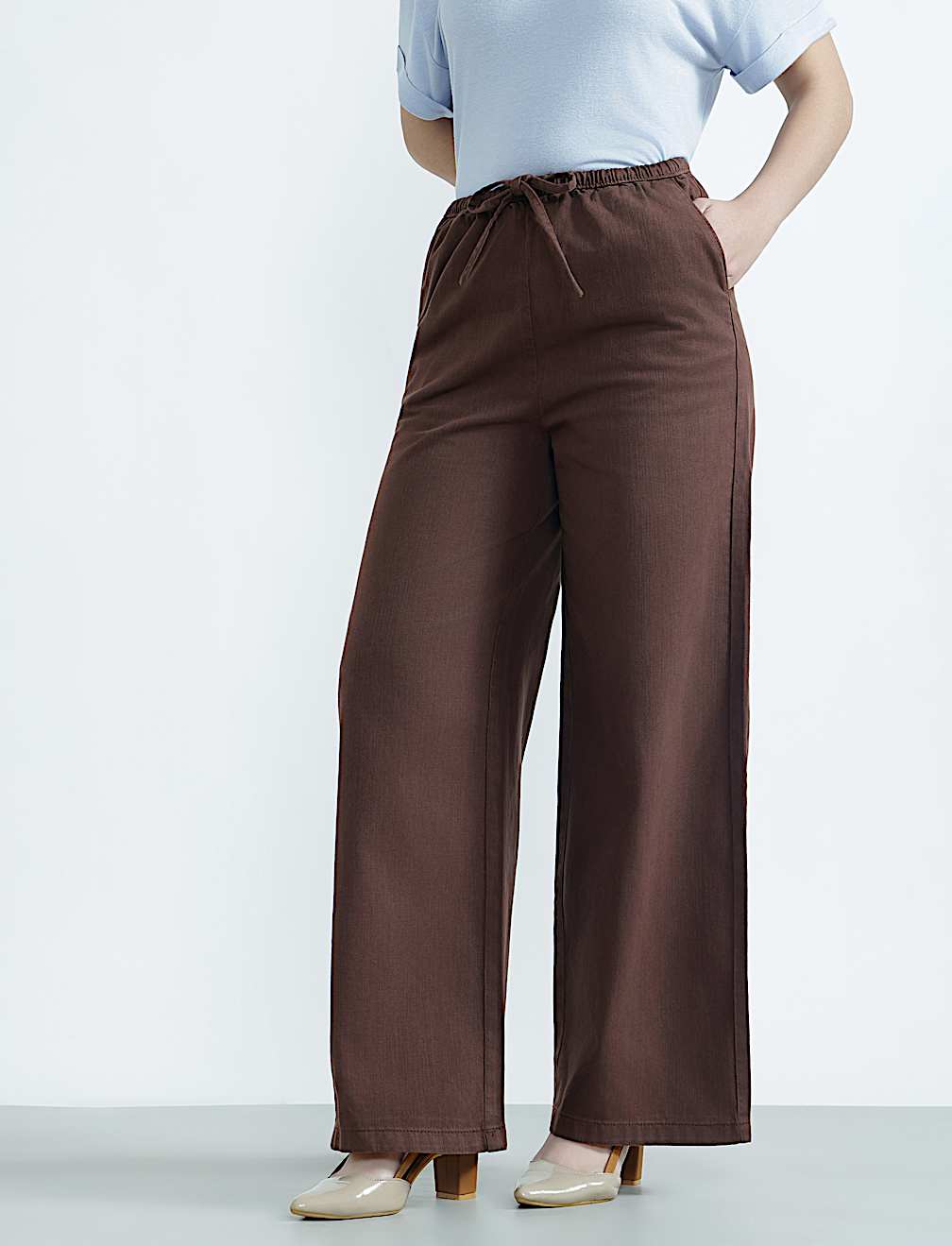 Cotton Rich Drawstring Wide Leg Trousers