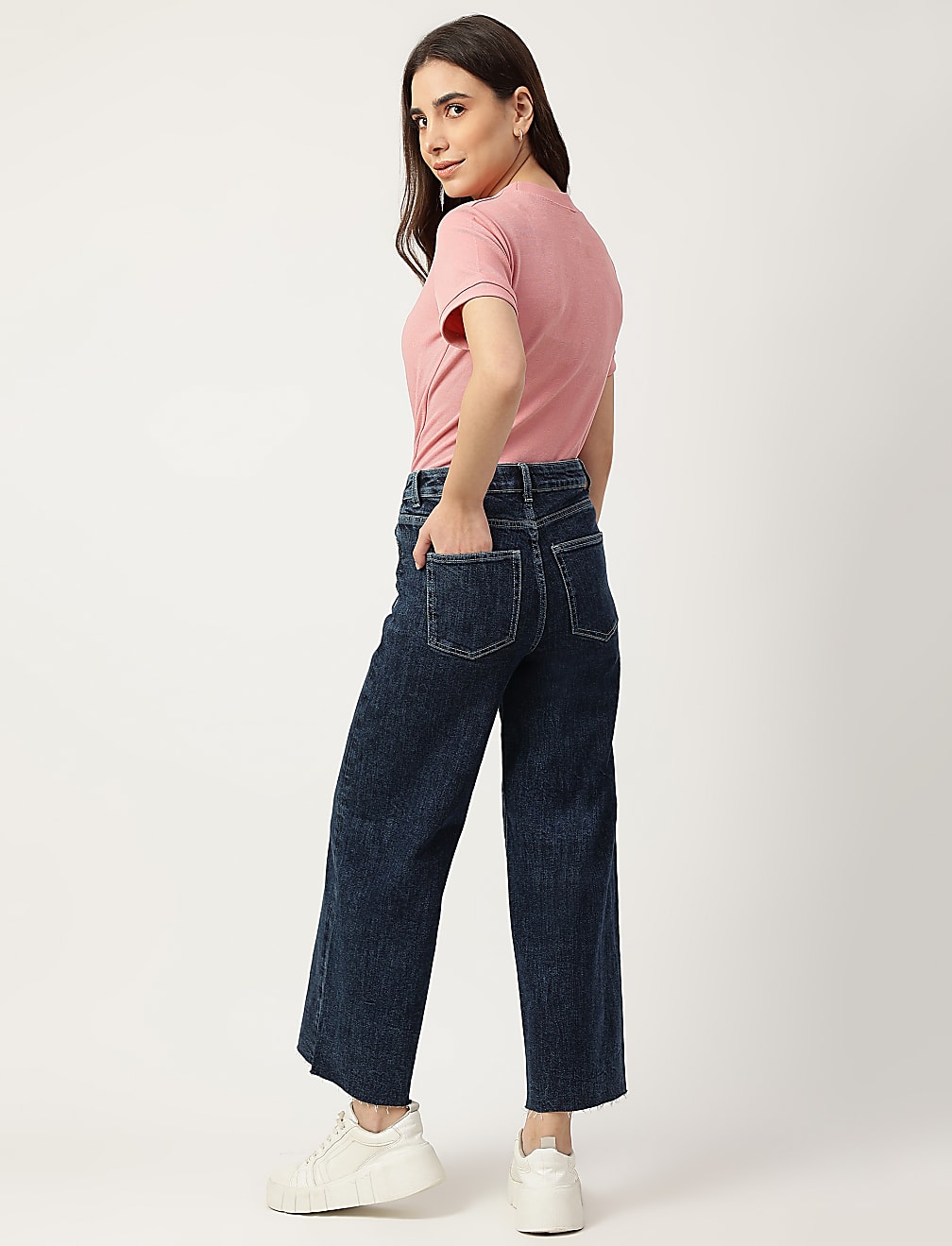 Cotton Mix Plain Wide Leg Jeans