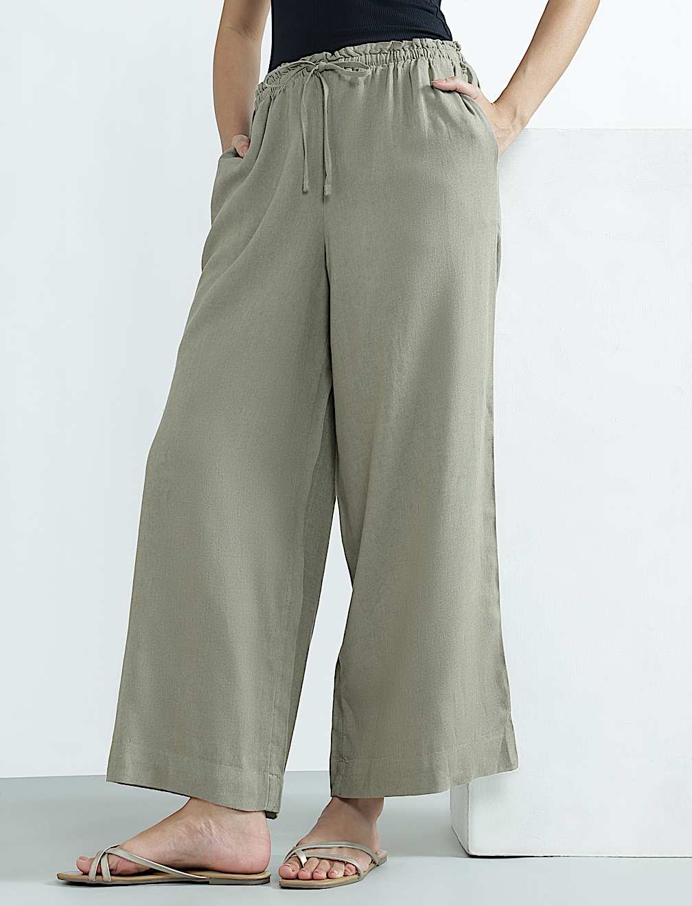 Linen Rich Plain Regular Fit Trousers