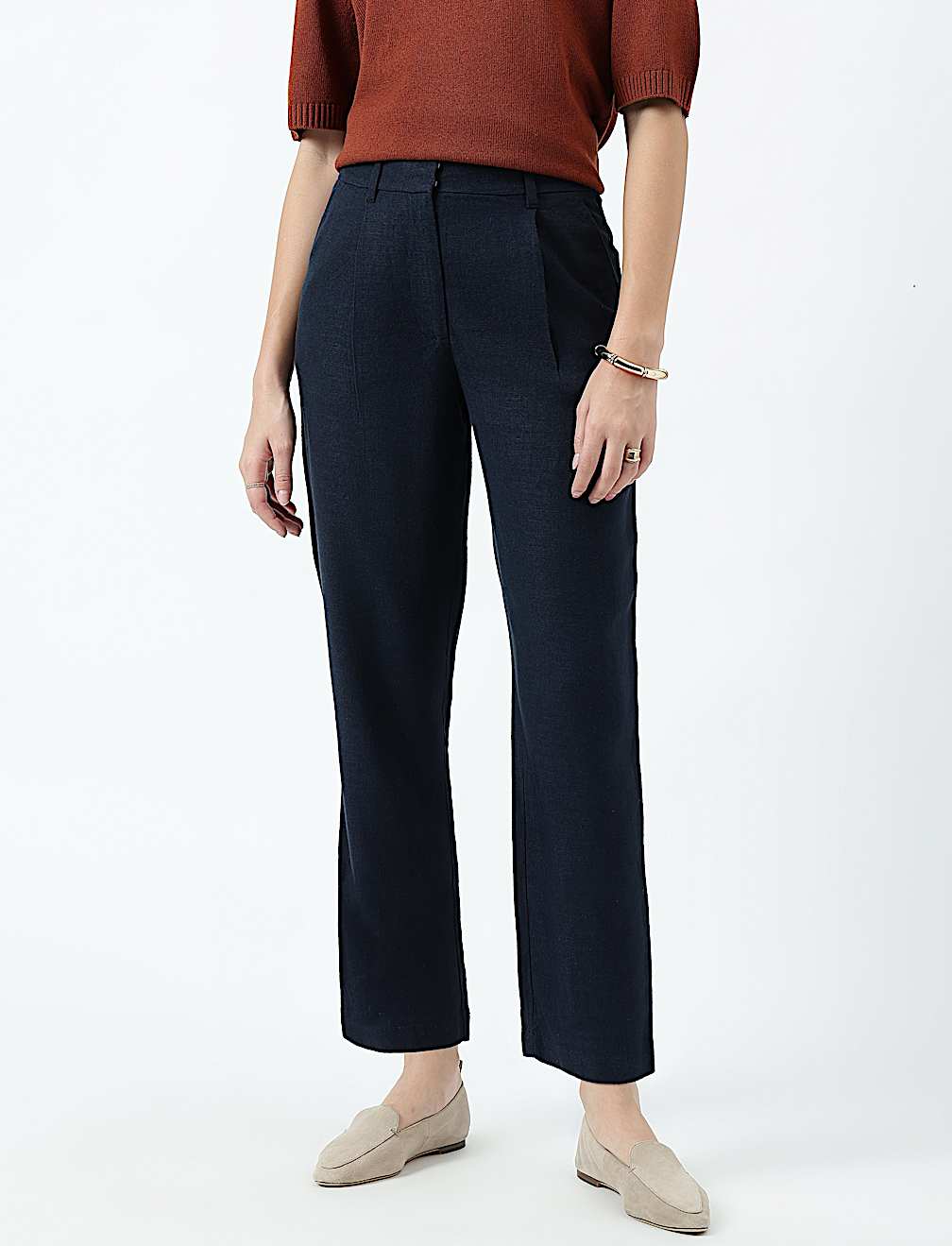 Linen Rich Pleat Front Cropped Trousers