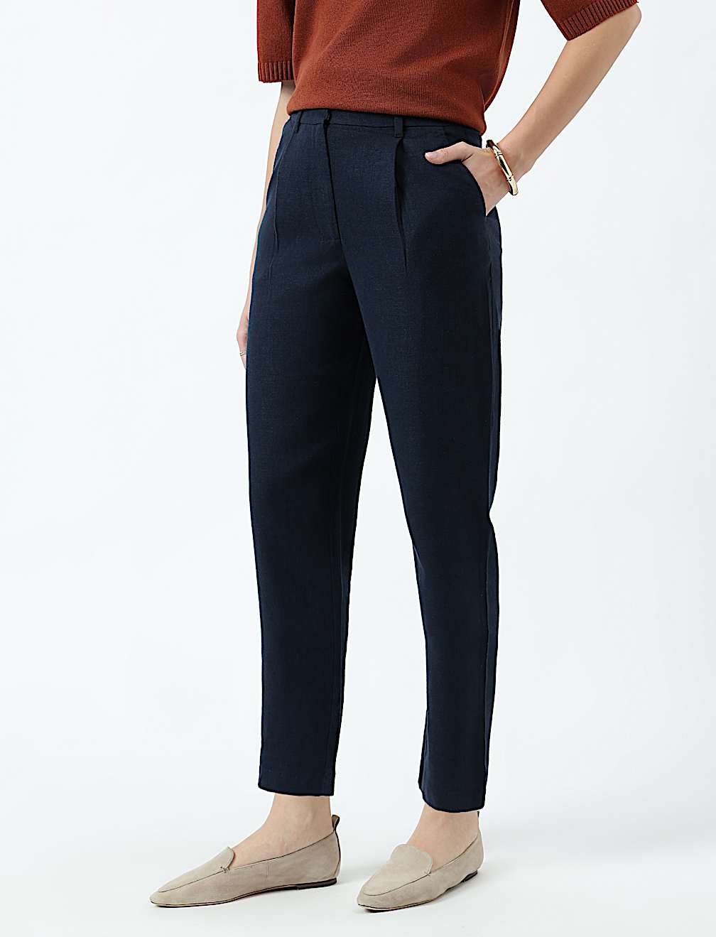 Linen Rich Pleat Front Cropped Trousers