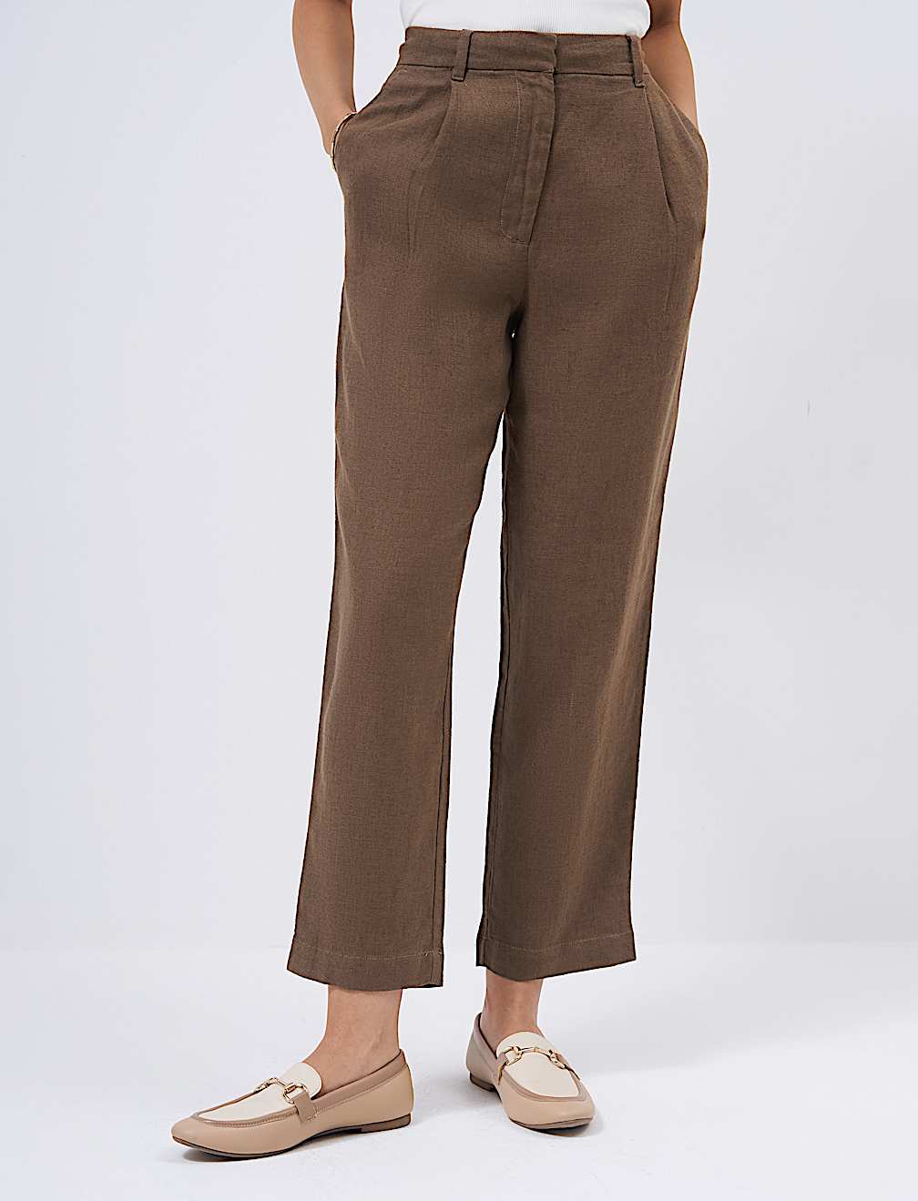 Linen Rich Pleat Front Cropped Trousers