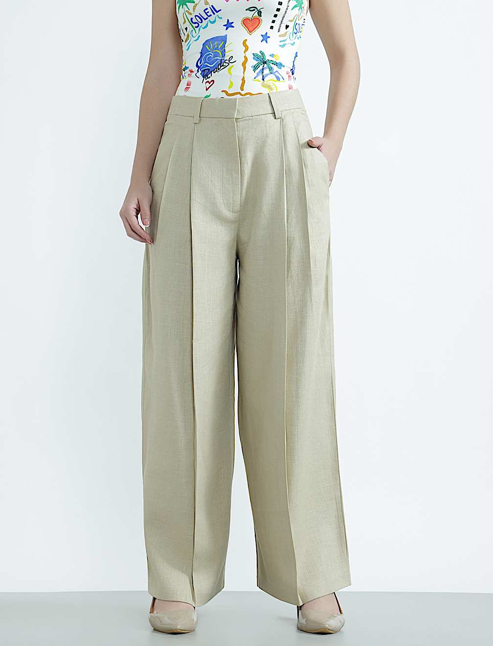 Linen Rich Textured Regular Fit Trousers