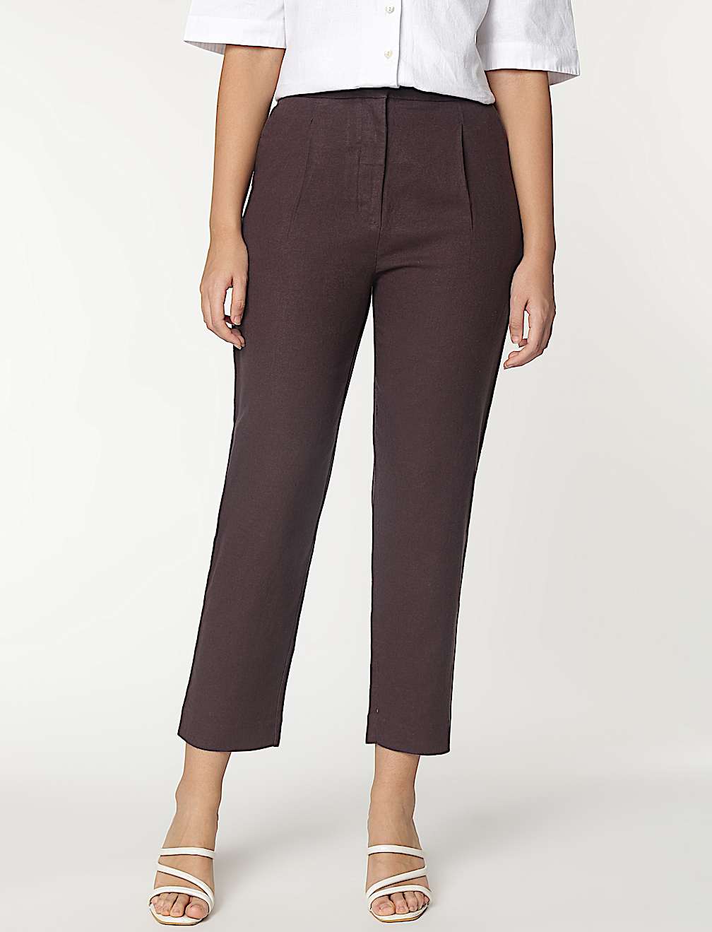 Linen Mix Plain Straight Leg Trousers