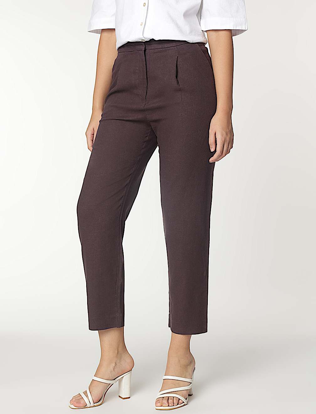 Linen Mix Plain Straight Leg Trousers