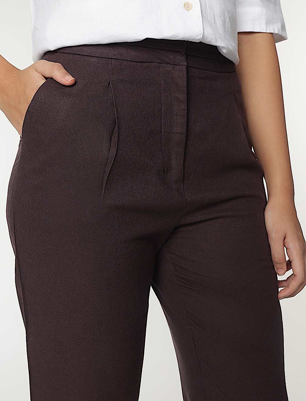 Linen Mix Plain Straight Leg Trousers