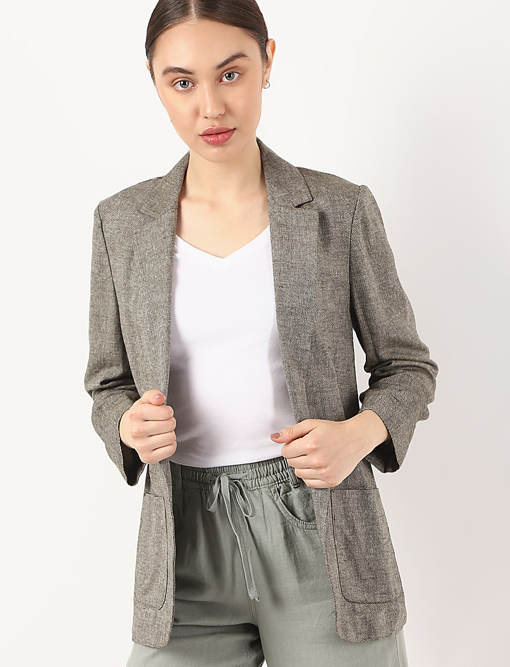 Flax Mix Self Design Lapel Collar Shrug
