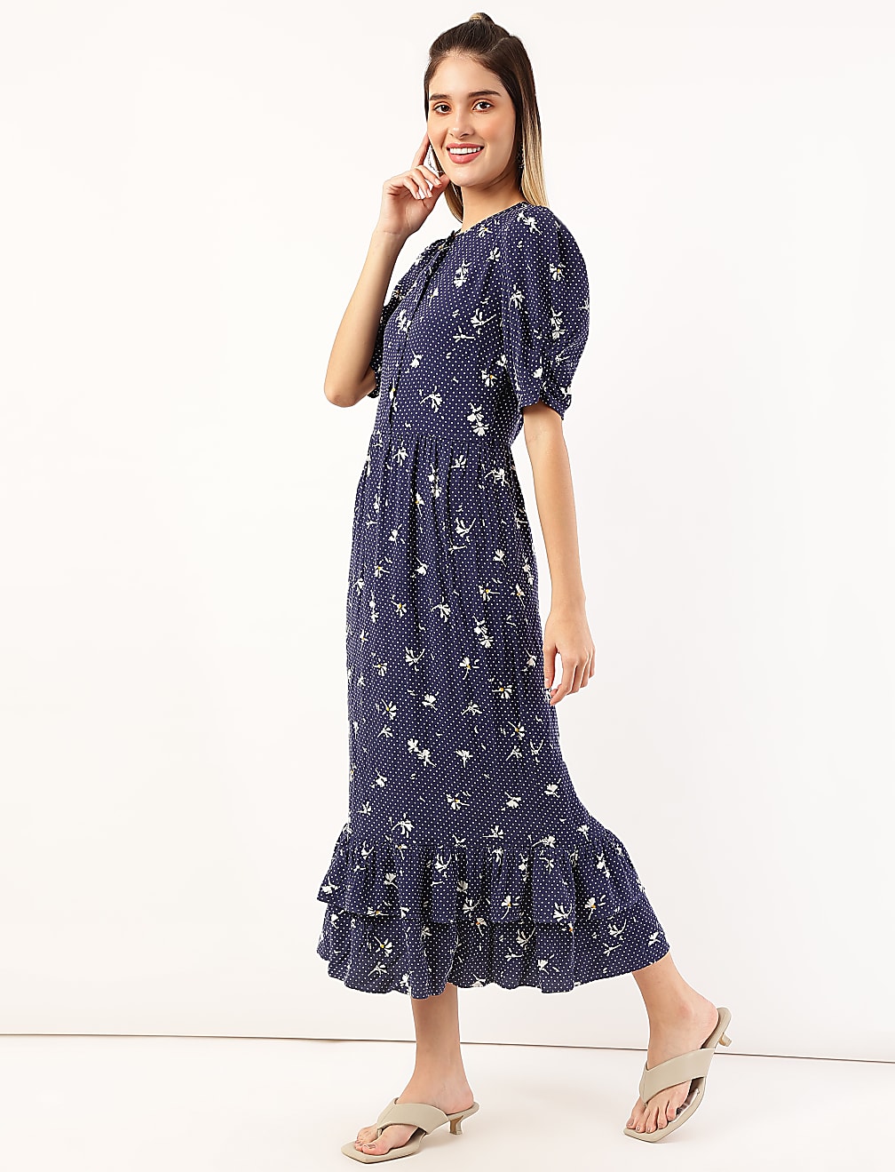 Pure Viscose Floral Round Neck Dress