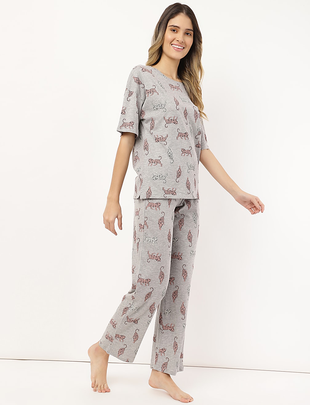 Cotton Mix Printed Round Neck Night Set