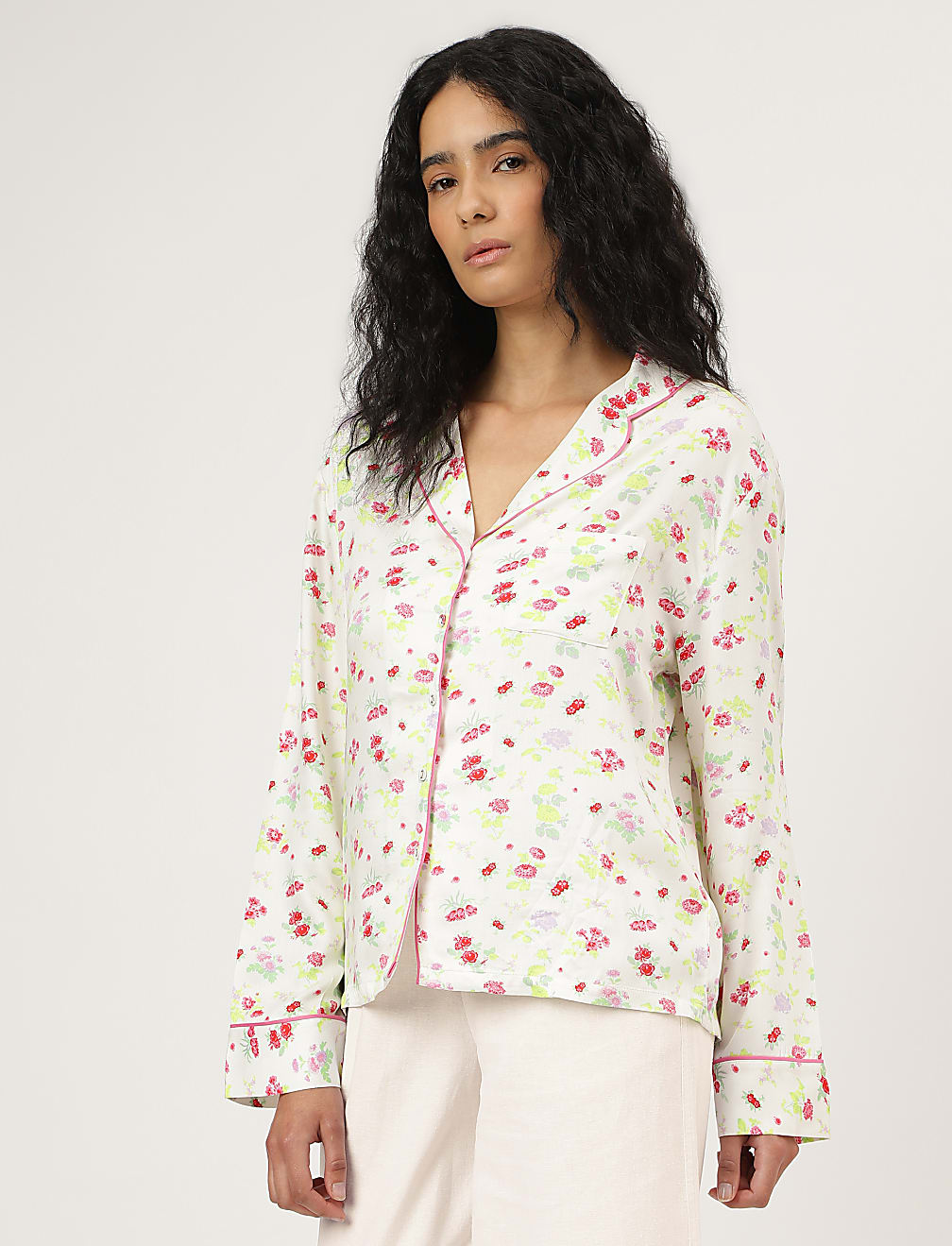 Floral Print Notched Lapel Sleepwear Top