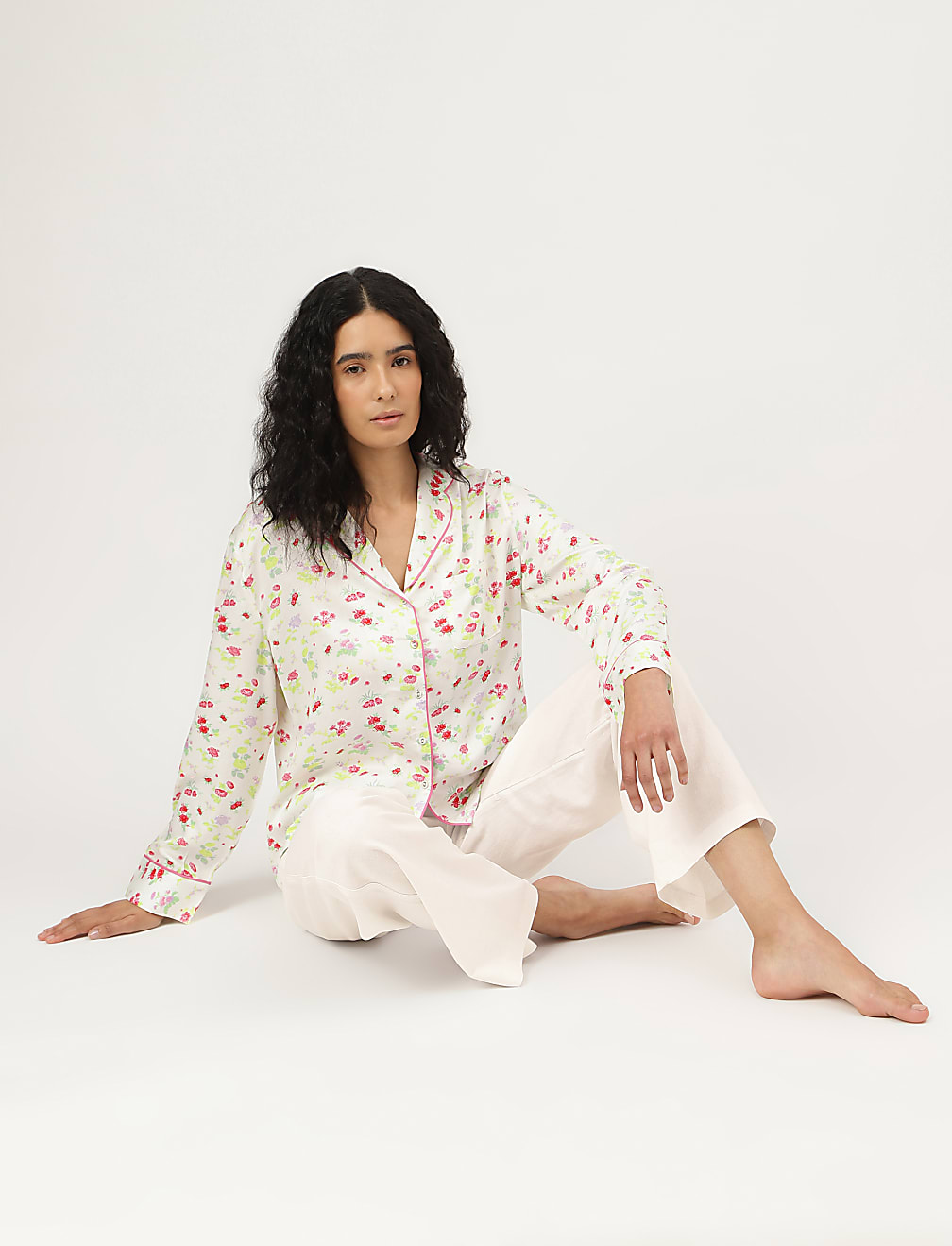 Floral Print Notched Lapel Sleepwear Top