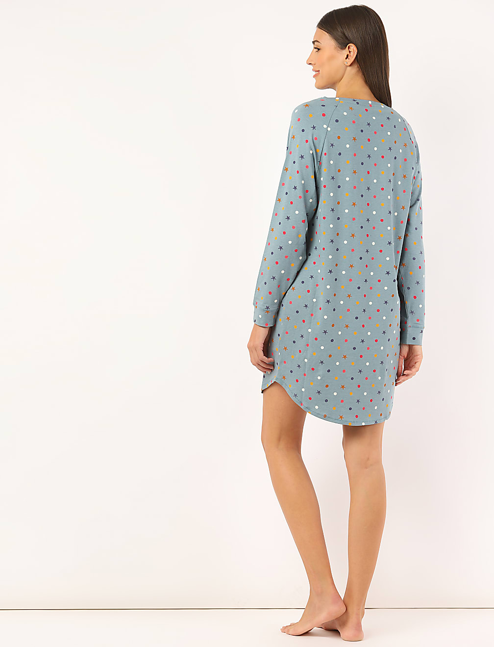 Cotton Mix Printed Round Neck Night Dress