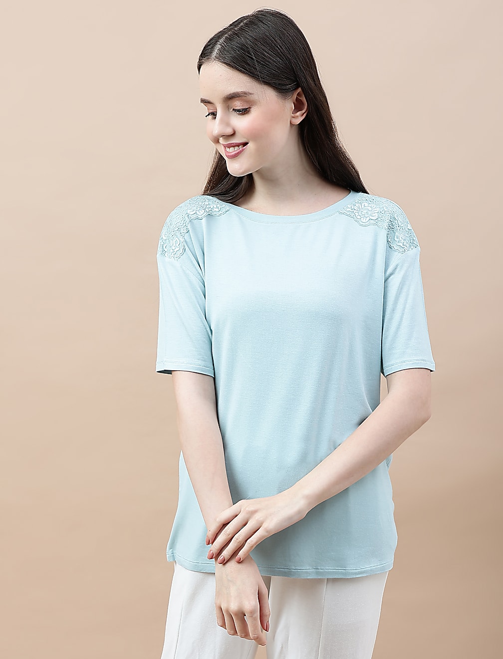 Viscose Mix Lace Round Neck T-shirt