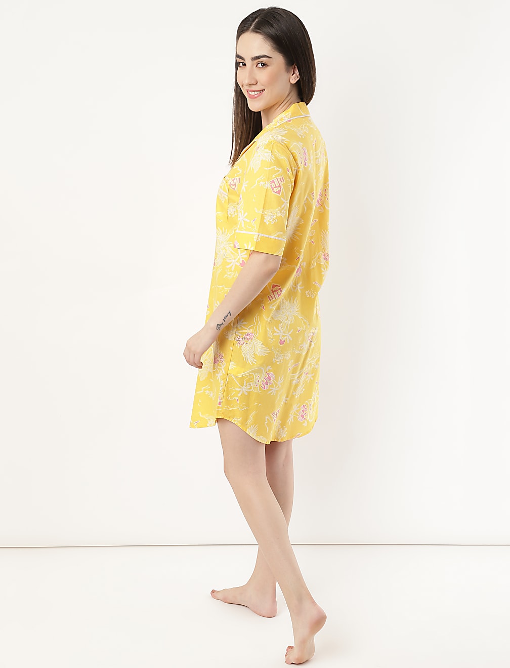 Pure Cotton Printed Lapel Neck Night Dress
