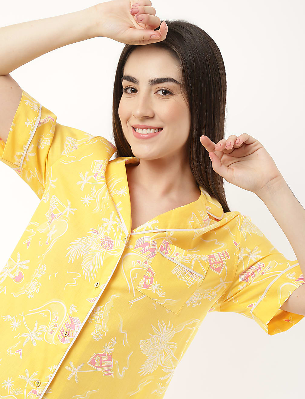 Pure Cotton Printed Lapel Neck Night Dress