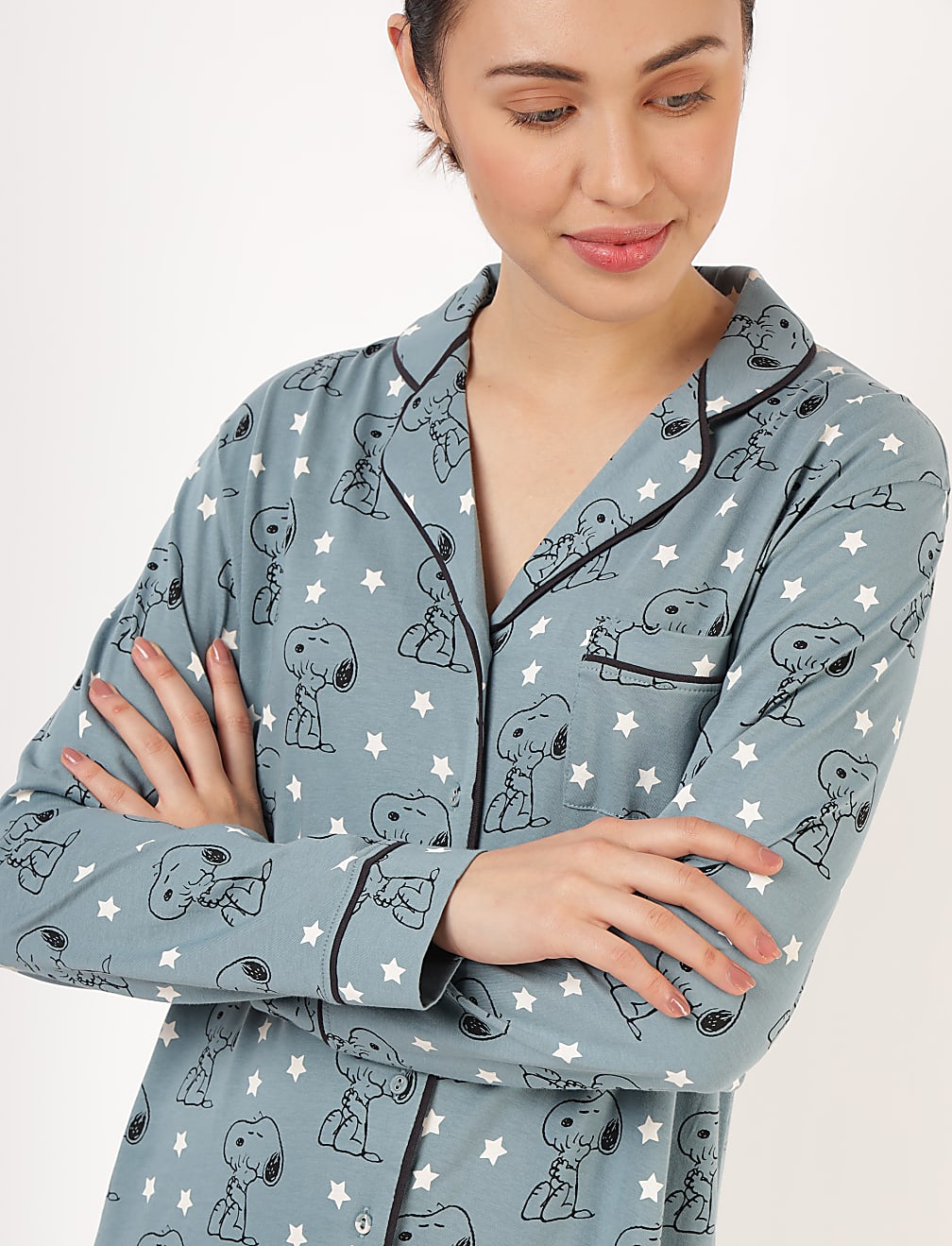 Pure Cotton Printed Notch Lapel Collar Sleepshirt