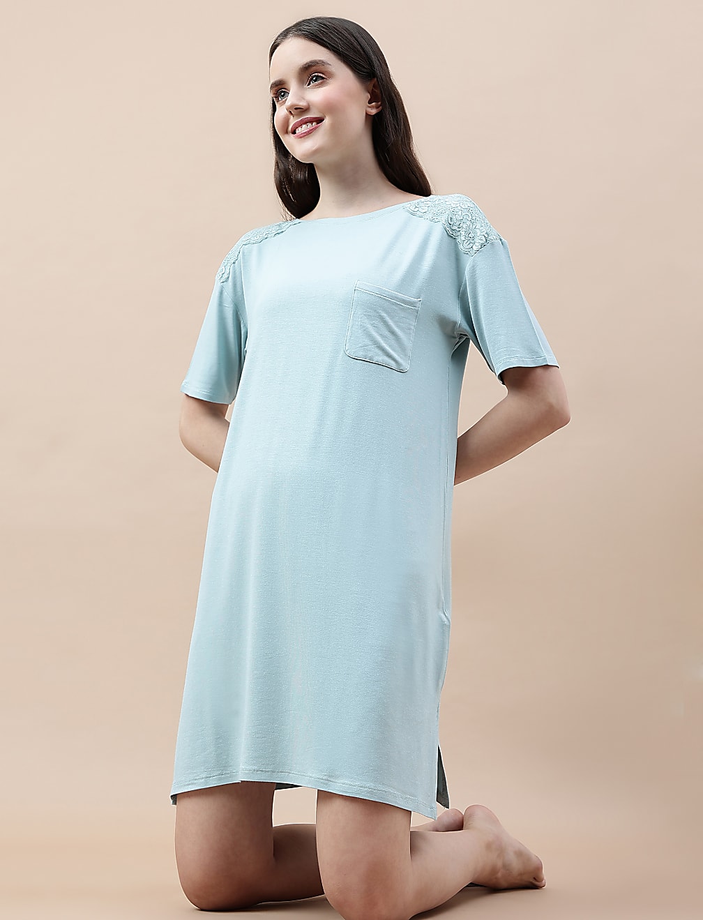 Viscose Mix Lace Crew Neck Nightdress