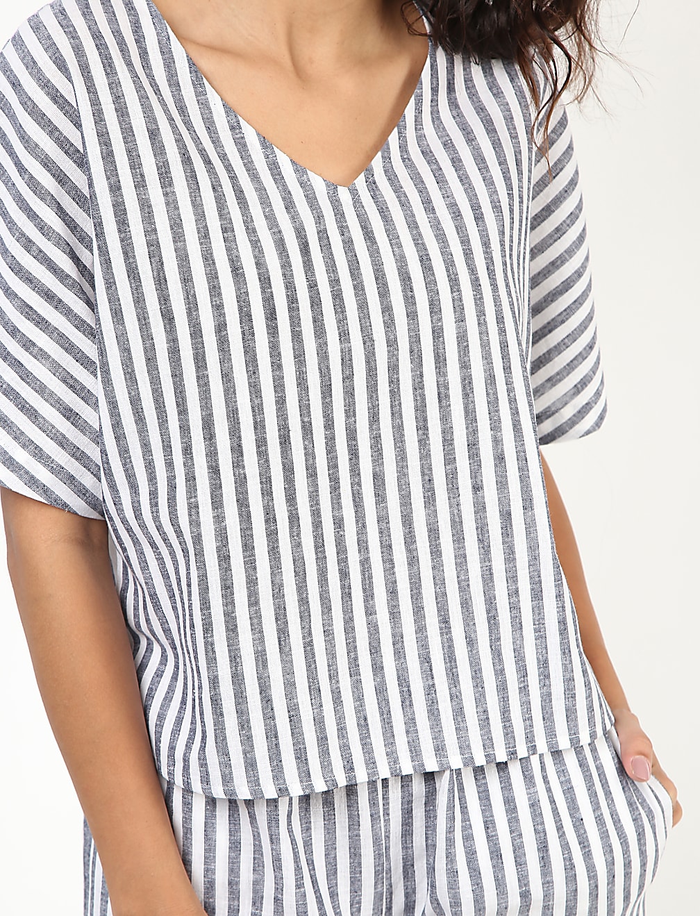 Flax Mix Striped V Neck Nightdress Set