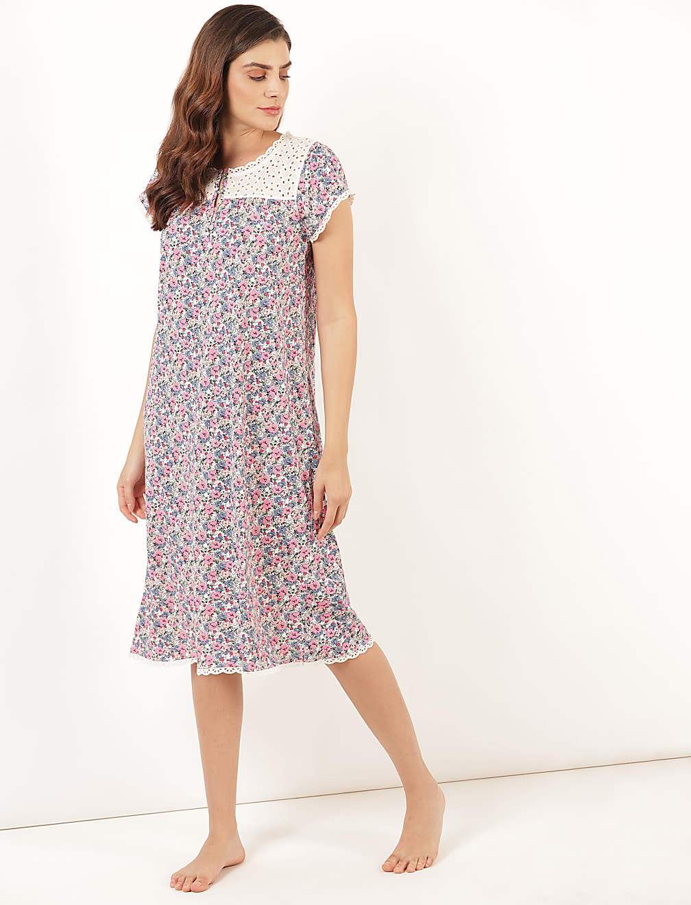 Pure Cotton Floral Round Neck Night Dress