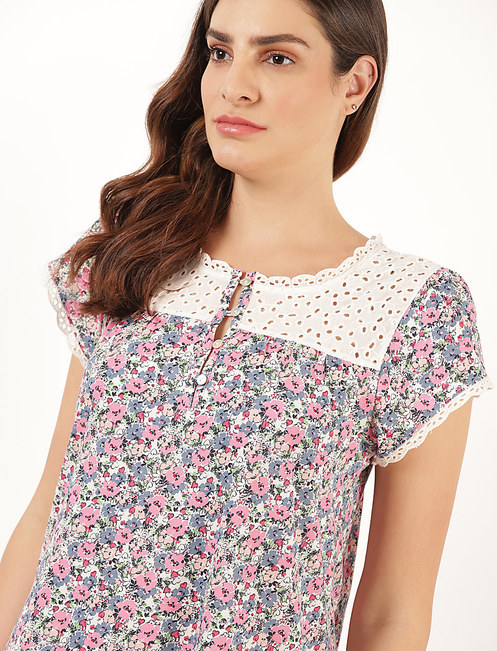 Pure Cotton Floral Round Neck Night Dress