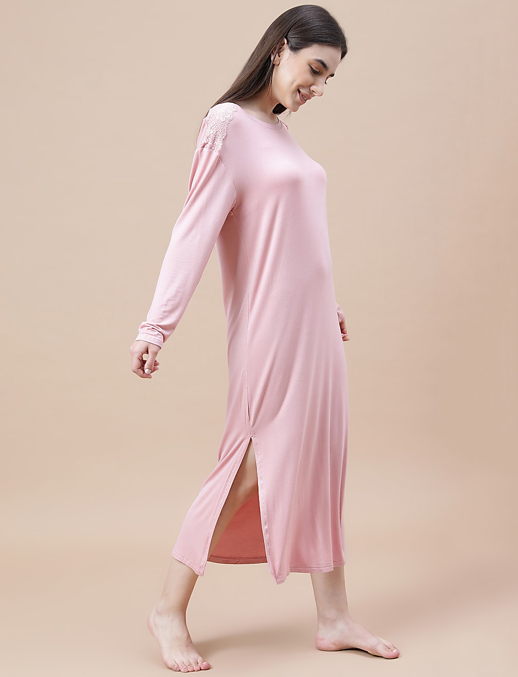 Viscose Mix Lace Crew Neck Nightdress