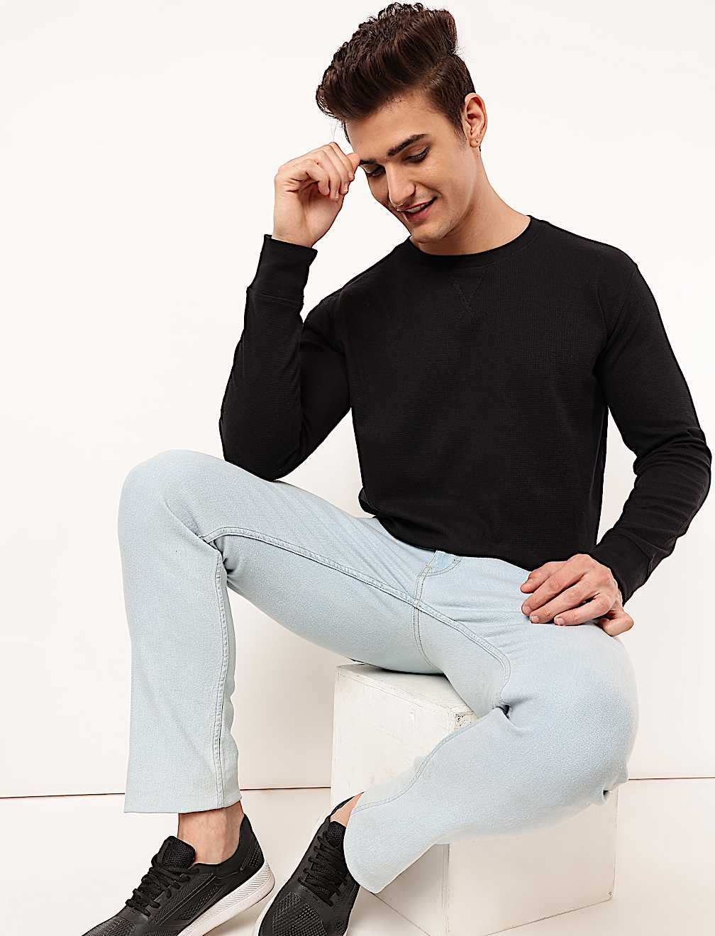 Cotton Mix Textured Crew Neck Sweatshirt