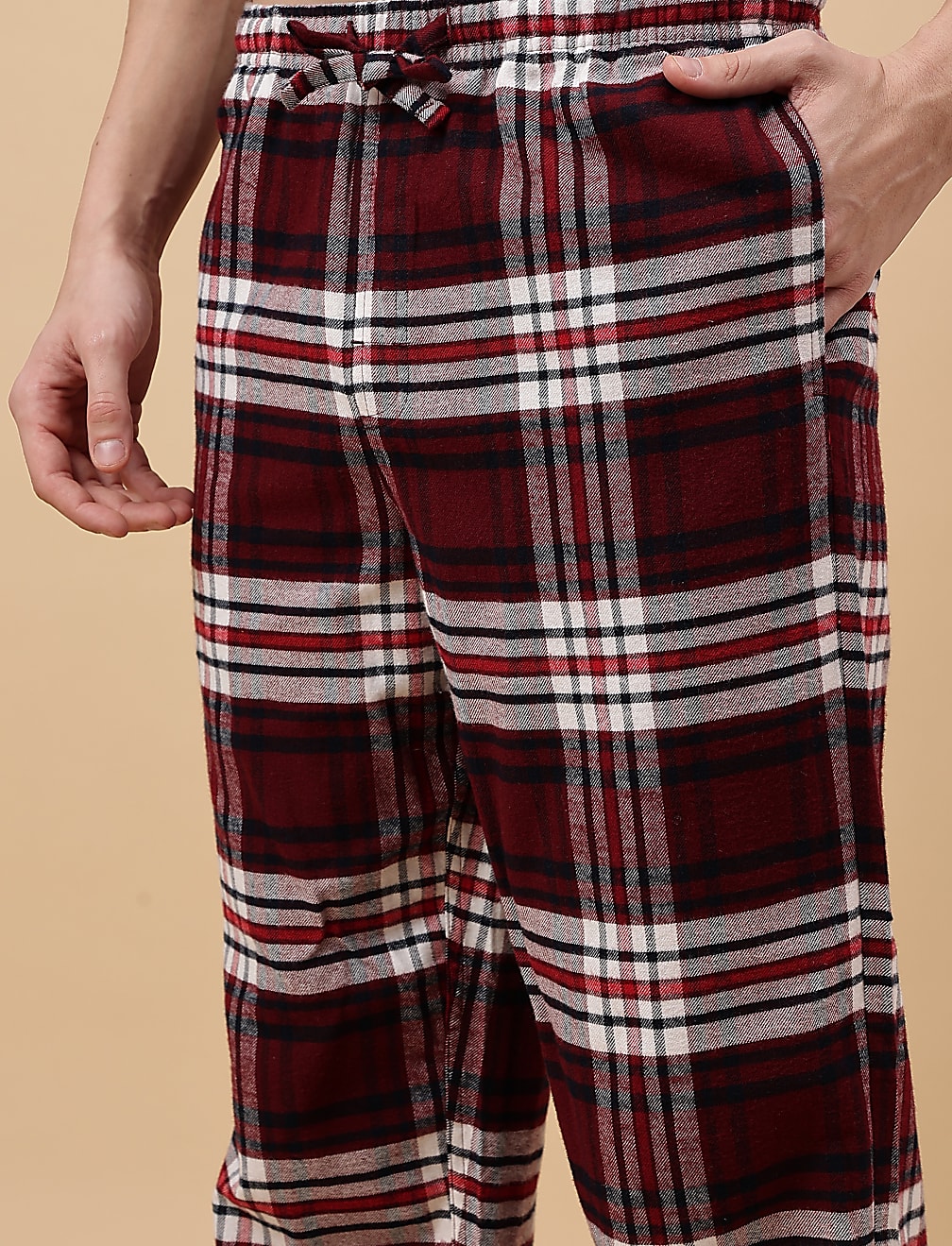 Set of 2 Pure Cotton Full Sleeve T-Shirt with Plaid Drawstring Pajamas