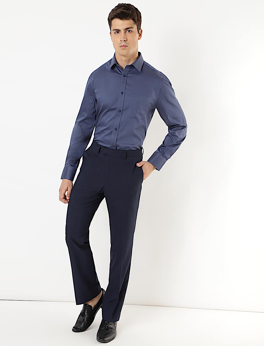 Pure Cotton Plain Spread Collar Shirt