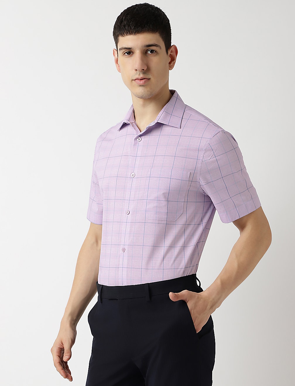 Cotton Rich Checks Spread Collar Shirt