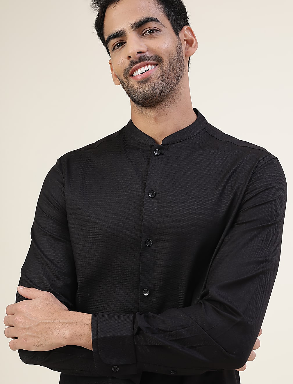 Premium Texture Grandad Collar Slim Fit Shirt With Cuff Detailing