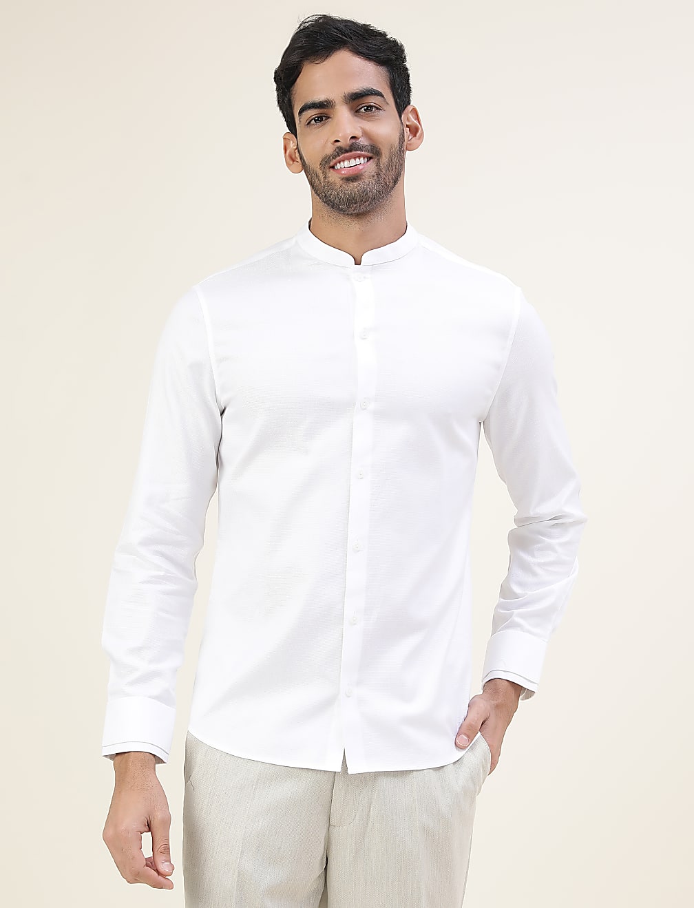 Premium Texture Grandad Collar Slim Fit Shirt With Cuff Detailing
