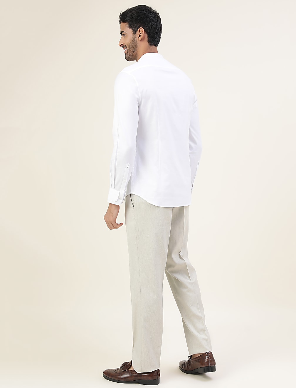 Premium Texture Grandad Collar Slim Fit Shirt With Cuff Detailing